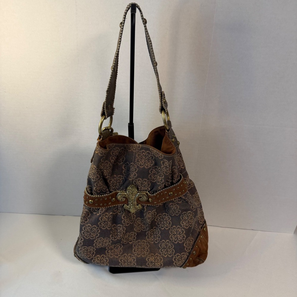 Kathy Van Zeeland Hobo Bag Large Brown Fleur De Lis Studded Y2K Boho Purse